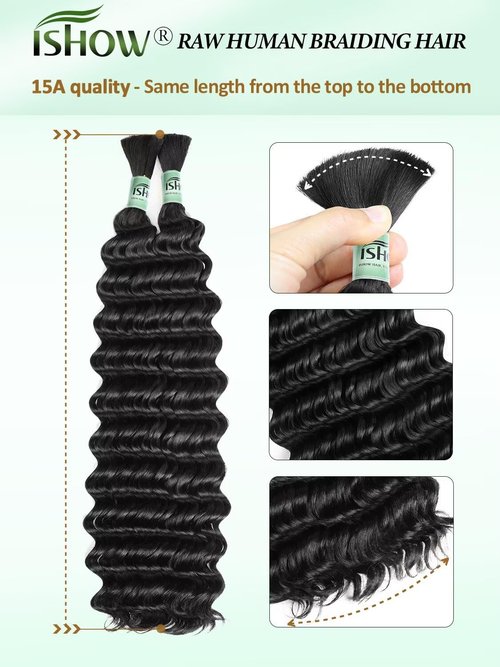 ISHOW Raw Human Braiding Hair, 100% Unprocessed Virgin Human Hair, 15A Deep Wave Boho Hair, 100g 14 Inch (2 Packs), NO.1 Premium Quality Boho Hair Producer, Long Lasting, Color 1B