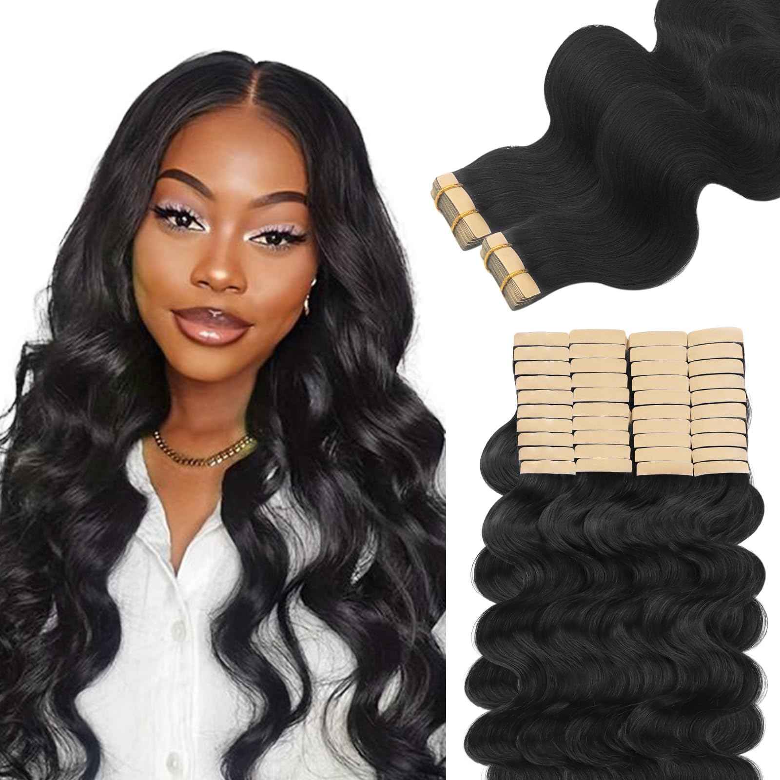 Lashey Tape in Hair Extensions Human Hair 40pcs 100g/pack 22 Inch Body Wave Natural Black Soft and Invisible Hair Extensions