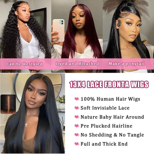 QWedafy Straight Lace Front Wigs Human Hair Pre Plucked 200 Density 13x4 HD Transpatent Human Hair Wigs for Black Women Straight Lace Frontal Wigs Natural Color (26inch)