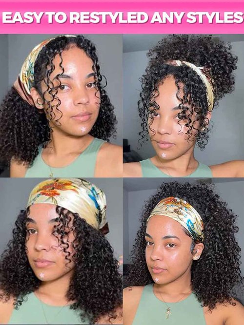 V SHOW Glueless Curly Headband Wig Human Hair 180% Density Thick Throw & Go Kinky Curly Headband Wigs for Women 16 Inch None Lace Front Wigs Wear and Go Glueless Human Hair Wigs