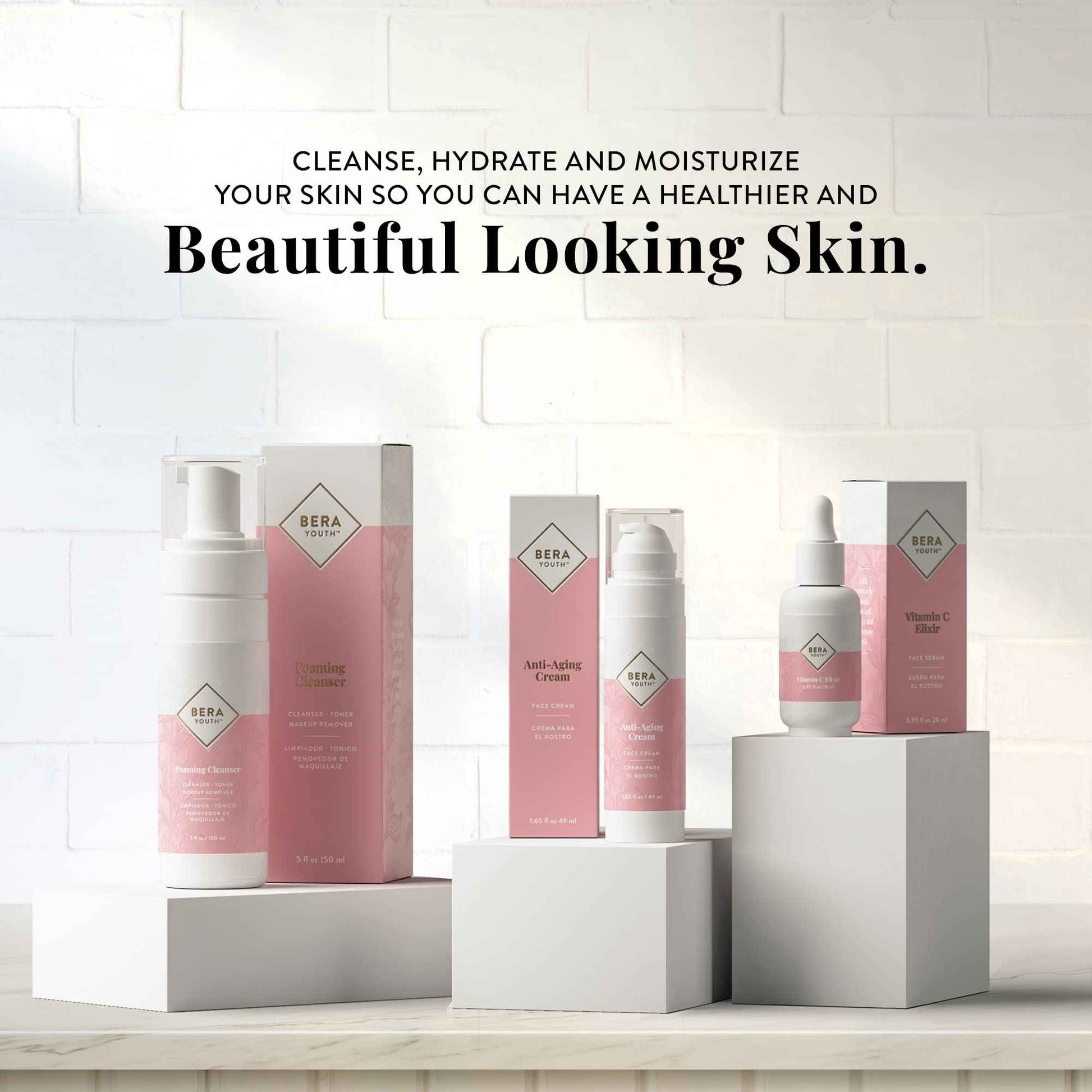 L'eudine Face Care System: Foaming Facial Cleanser, Anti-Aging Cream & Vitamin C Serum - 3 Product Bundle to Reduce Wrinkles, Hydrate & Tone Skin, 100% Natural Ingredients