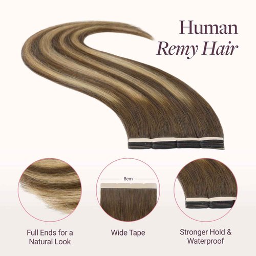 GOO GOO Tape in Hair Extensions Human Hair, 4/27/4 Balayage Chocolate Brown to Caramel Blonde, 8cm Wide Tape, 18inch 10pcs 50g, Tape Weft Hair Extensions, Real Human Hair, Seamless Tape in
