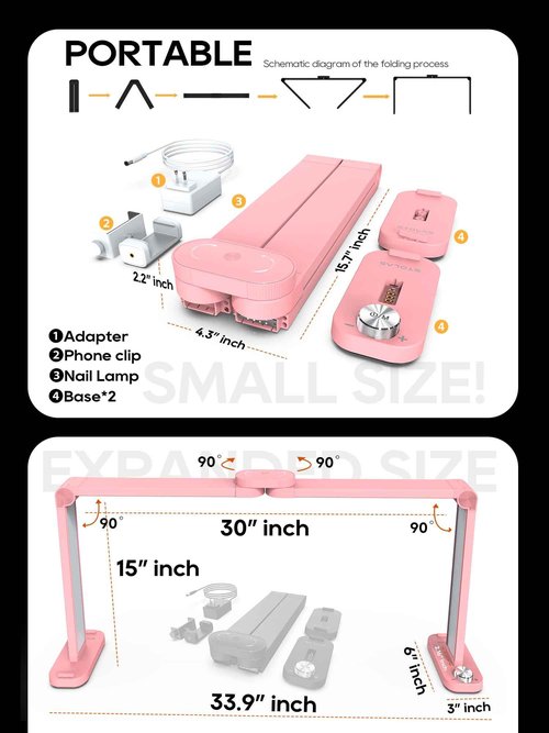 STOLAS Upgraded Nail Light for Desk, 48W 3350LM Foldable 3 Modes 3000-6000K Stepless Table Lamp for Nail Tech with Charging Port and Phone Slot, Nail Lamp for Nail Art, Photography, Reading, Painting