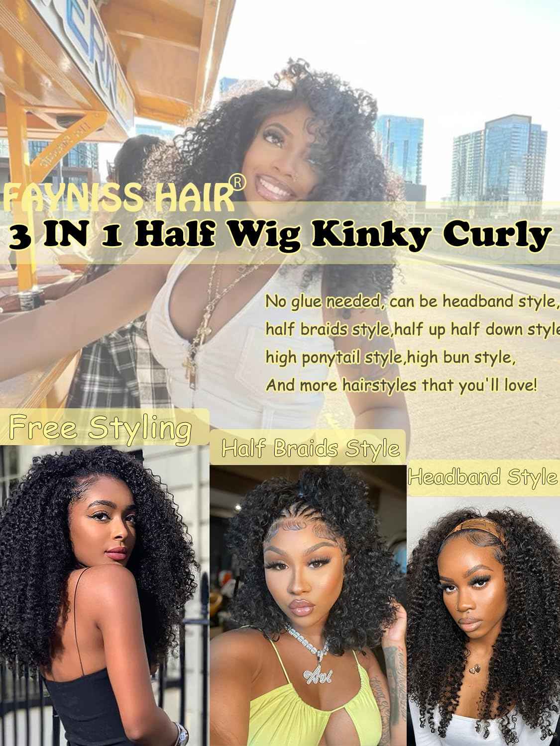 22 Inch Kinky Curly Half Wig Human Hair 3 In 1 Seamless Flip Over Half Wigs Human Hair Glueless Wear and Go 220 Density Beginner Friendly Drawstring Headband Wig for Women (KC Half Wig, 22 Inch)