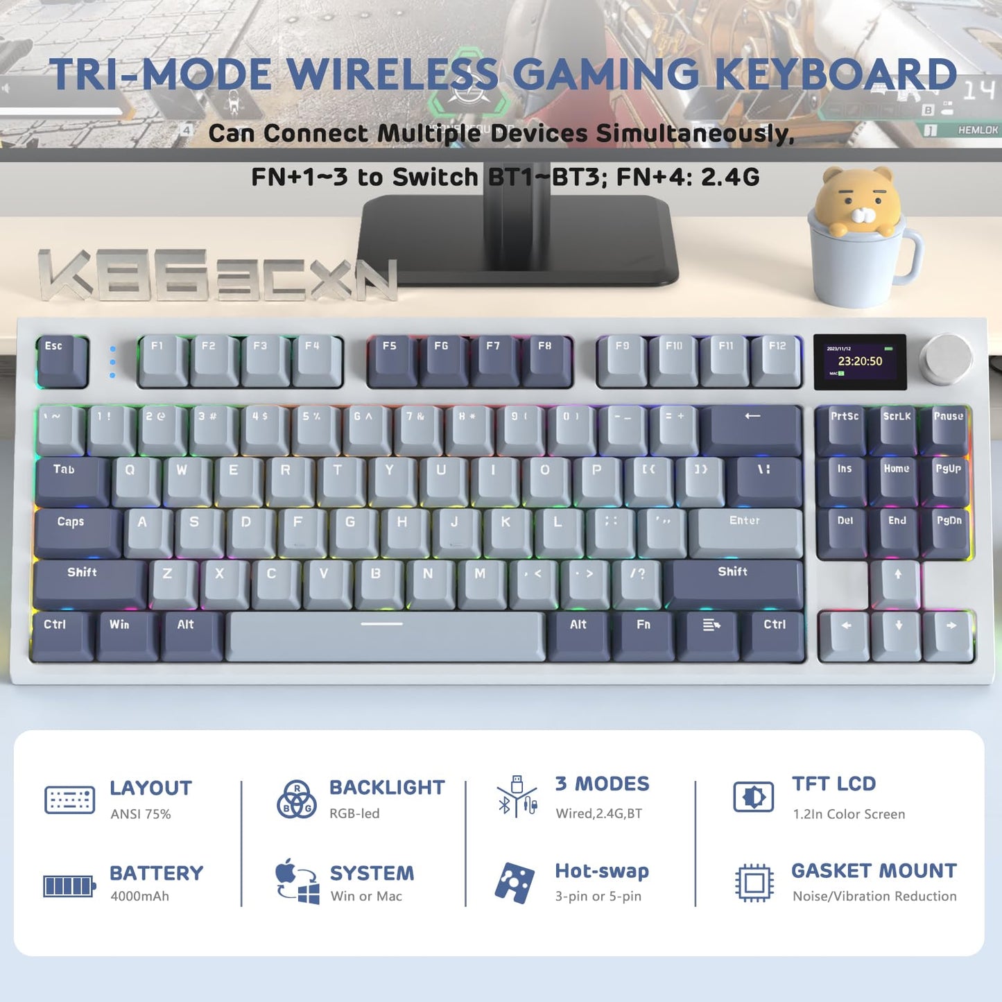 RK86 RGB 75% Wireless Gasket Mechanical Keyboard,Triple Mode Bluetooth5.0/2.4G/USB-C 82 Keys Hot Swappable Gaming Keyboard 4000 mAH Battery w/Knob & 1.2'' HD OLED Display,Custom Linear Switches