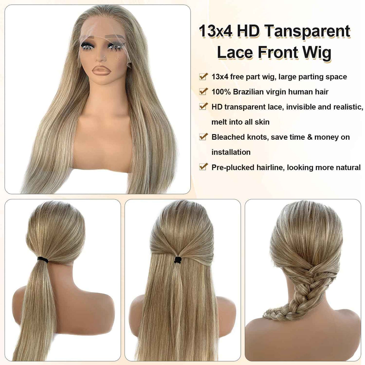 Highlight Ombre Ash Blonde Lace Front Wig Human Hair for White Women, 13x4 Invisible Lace Lace Frontal Wig Pre Plucked Natural Hairline Full 180% Density Real Human Hair Glueless Wigs with Brown Roots