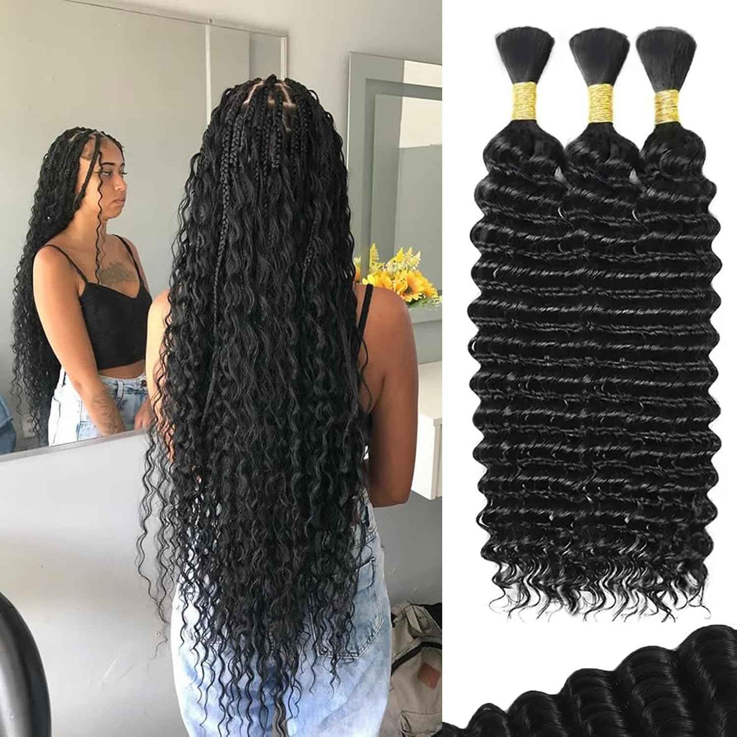 Human Braiding Hair for Boho Braids 150g Boho Braiding Hair Curly 3 Bundles 24 Inch Deep Wave Bulk Human Hair for Boho Knotless Braids Natural Color