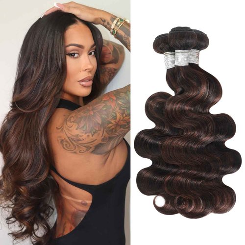 AUROO Brown Highlight Body Wave 3 Bundles Human Hair, 100% Virgin Real Hair Wavy 12A Weave #F2/4 2-Tone Dark Brown with Chestnut Streaks Ombre Human Hair Bundles 3pcs Thick Track Sew in 12 14 16 Inch