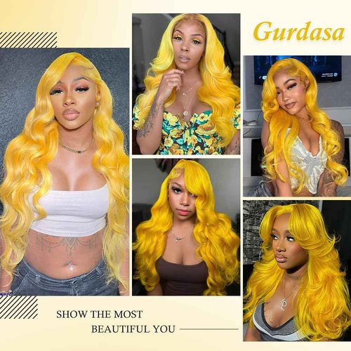 Gurdasa Yellow Wig Human Hair 13x4 Yellow Human Hair Wig 200 Density Body Wave Lace Front Wig Human Hair Colored Lace Front Wigs Pre Plucked with Natural Hairline HD Frontal Wigs for Parties 28 Inch