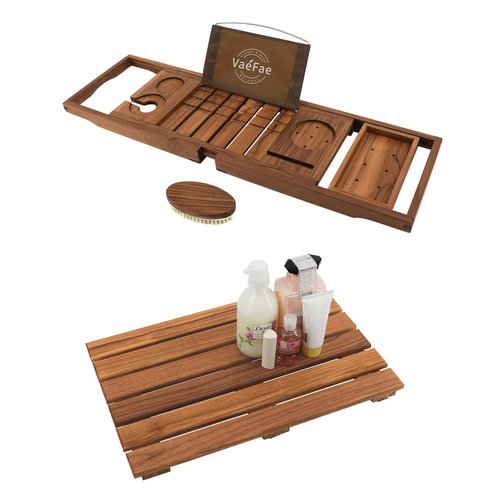 Teak Bathtub Tray and Teak Shower Mat S Bundle