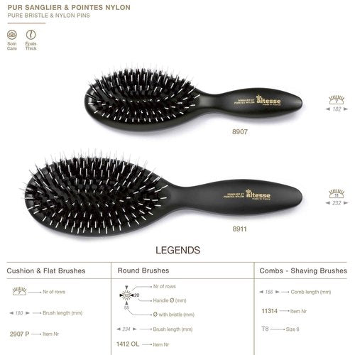 Altesse 8911 Natural Bristle Hair Brush Detangler Brush Large Air Cushion Matte Black Handle with 11 Rows of Black Boar Bristle and Nylon Hairbrush for Thick Hair Styling and Detangling Made in France
