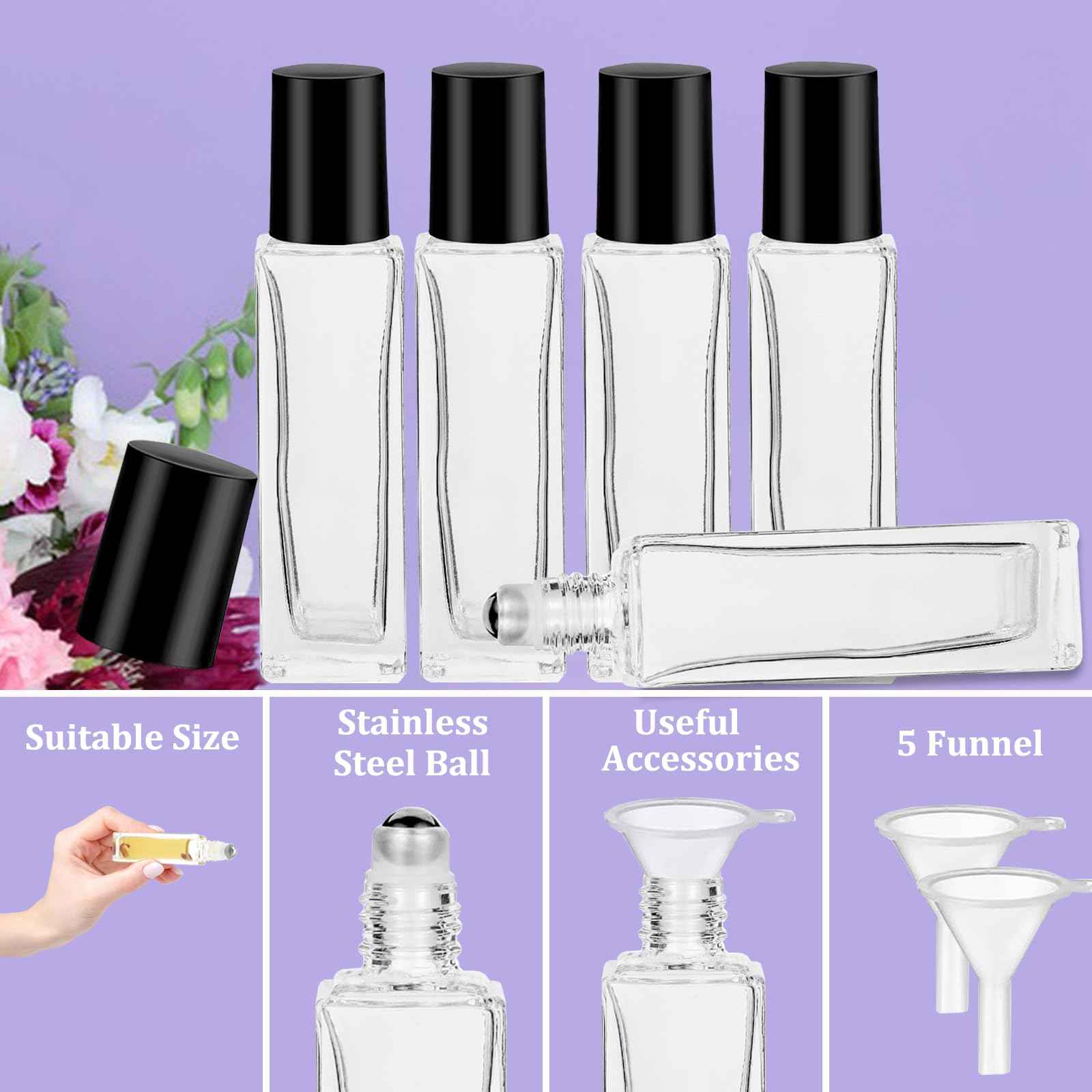 Hzmssore 100 Pcs 10 ml Roller Bottles for Essential Oils, Square Thick Empty Glass Roller Bottles with Stainless Steel Roller Balls Protection Leakproof with 5 Funnel for Travel, Black