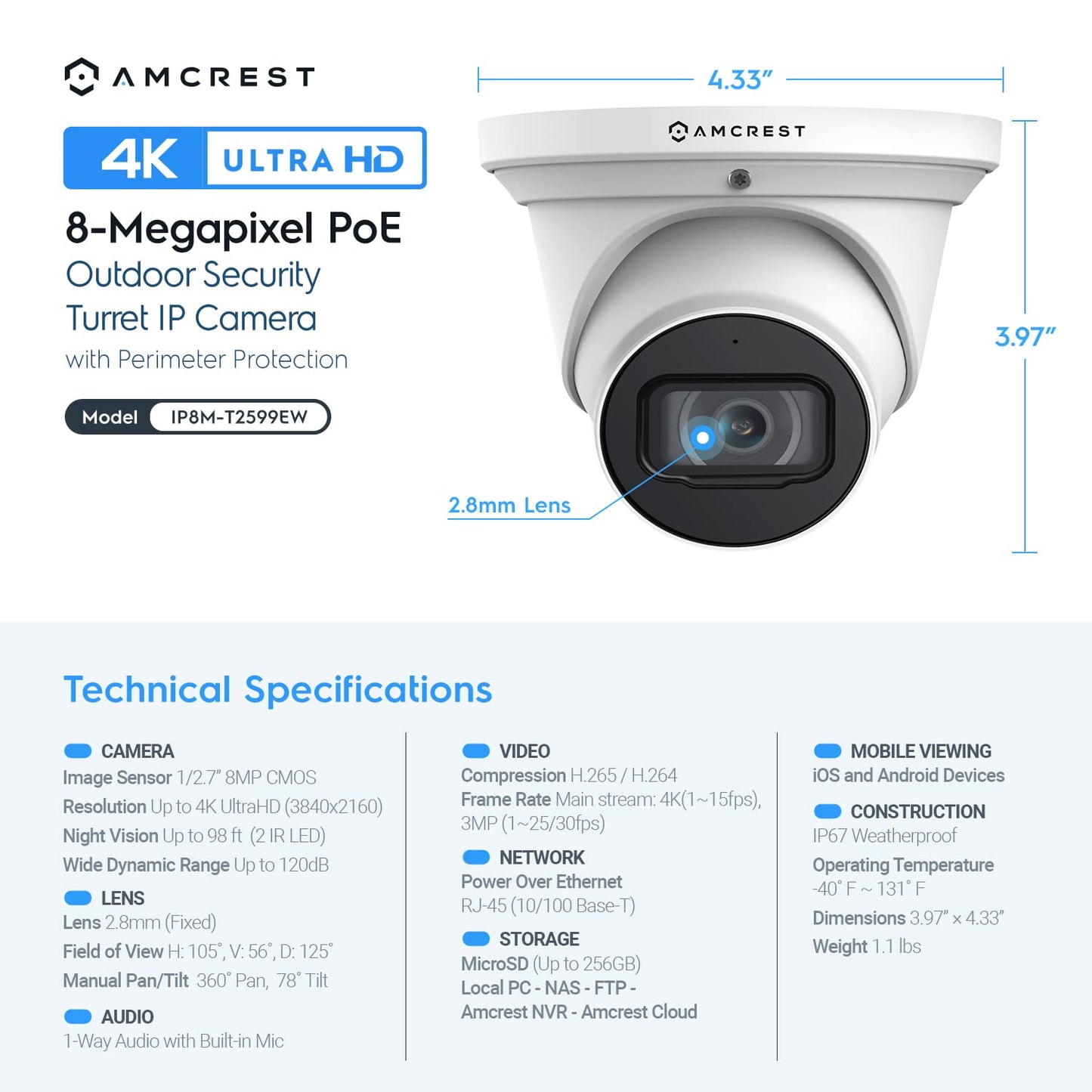 Amcrest 4K POE Security Camera System with 4K 8Ch PoE NVR (4) x 8 Megapixel Turret IP POE Cameras (3840x2160) Pre Installed 2TB Hard Drive NV4108E-IP8M-T2599EW4-2TB