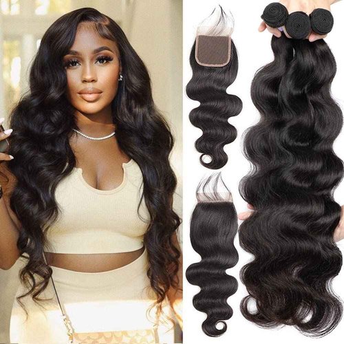 Aopusi Body Wave Bundles with Closure (18 20 22+16 Inch,Free Part) Brazilian Virgin Hair Bundles with Lace Closure Body Wave Human Hair Bundles with Closure Hair Weft for Black Women