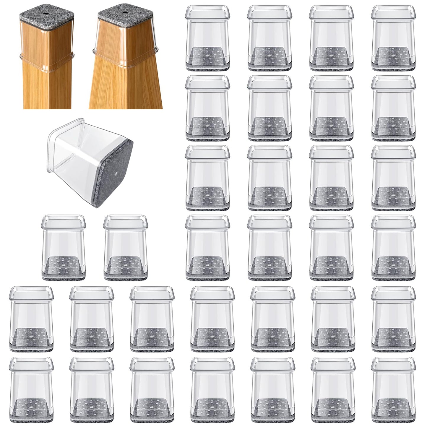 32 Pcs Square Chair Leg Protectors for Hardwood Floors,Felt Furniture Floor Protectors with Silicone Caps, Small Size (Fits Chair Legs with Side Length: 3/4" to 1")