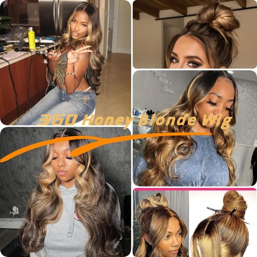 Brofiri Honey Blonde Wigs 360 HD Lace Front Wigs Human Hair 4/27 Colored Ombre Highlight Body Wave Lace Front Wigs Human Hair Pre Plucked Full Lace Frontal Wigs Glueless Wigs 180% Density 20 Inch