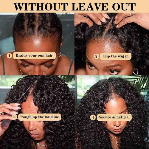 V Part Wig Human Hair Water Wave No Leave Out Upgrade U Part Wig for Black Women 180% Density Water Curly Glueless V Part Human Hair Wigs No Glue No Sew Clip In Half Wig Beginner Friendly (16 Inch)
