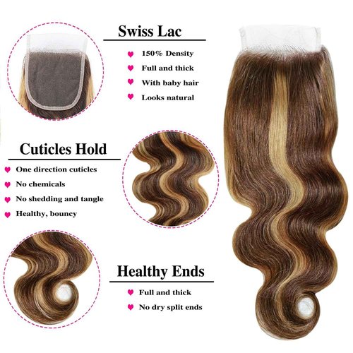 P4/27 Brown Highlight Body Wave Human Hair 3 Bundle with 4x4 Lace Closure,12A Grade Brazilian Remy Hair Ombre Bundles with Free Part 12 14 16+12inch