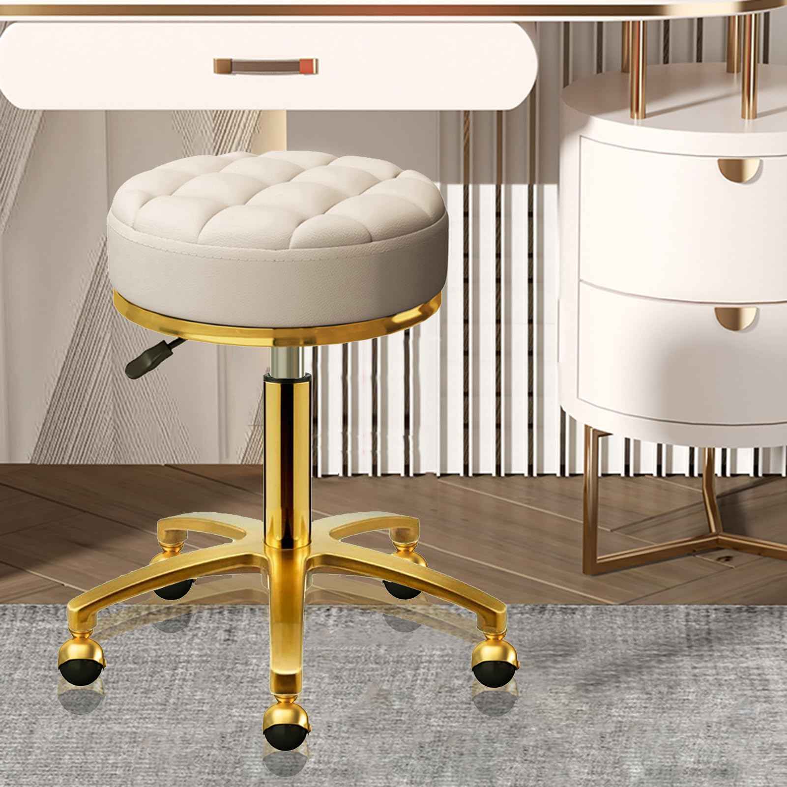 HZLCMPY Rolling Stool Gold Vanity Stool with Wheels, Pedicure Massage Roller Stools, PU Leather Round Swivel Salon Spa Chair, Titanium Gold Base, Height Adjustable 43-55 cm (Off White)