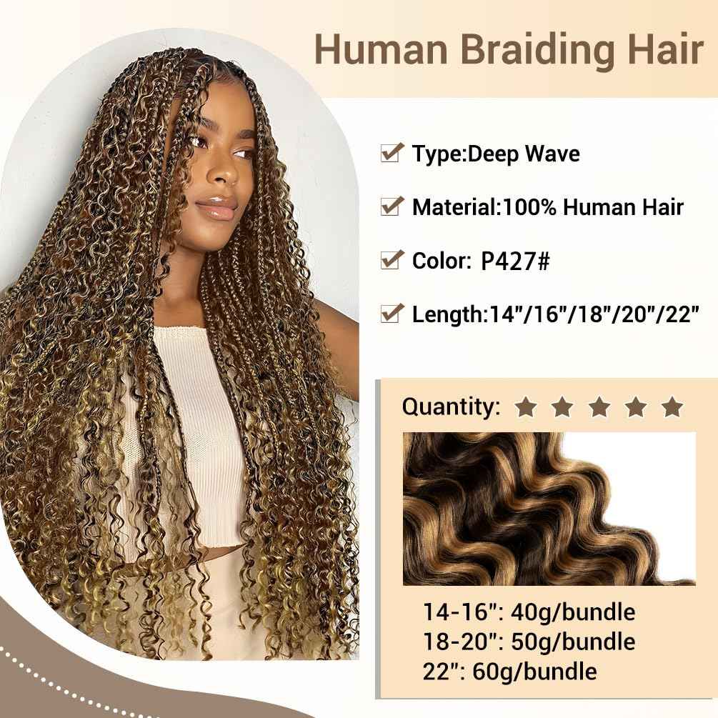 Human Braiding Hair for Boho Knotless Braids 2 Bundle 16 Inches 80g Deep Wave Bulk Human Hair for Braiding Hair Wet and Wavy 10A Brazilian Virgin Human Hair Balayage Brown to Blonde 4P27