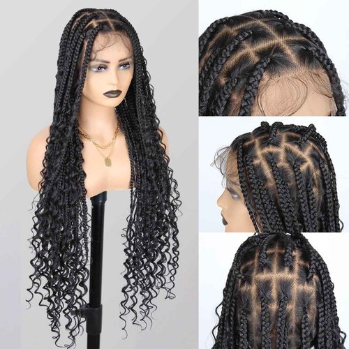 QUISDUIS 36 Inch Full Lace Boho Braided Wigs for Black Women, 360° HD Single-layer Square Knotless Box Braid Wig with Baby Hair Handmade Synthetic Hair Blended Lace Front Wig Natural Black