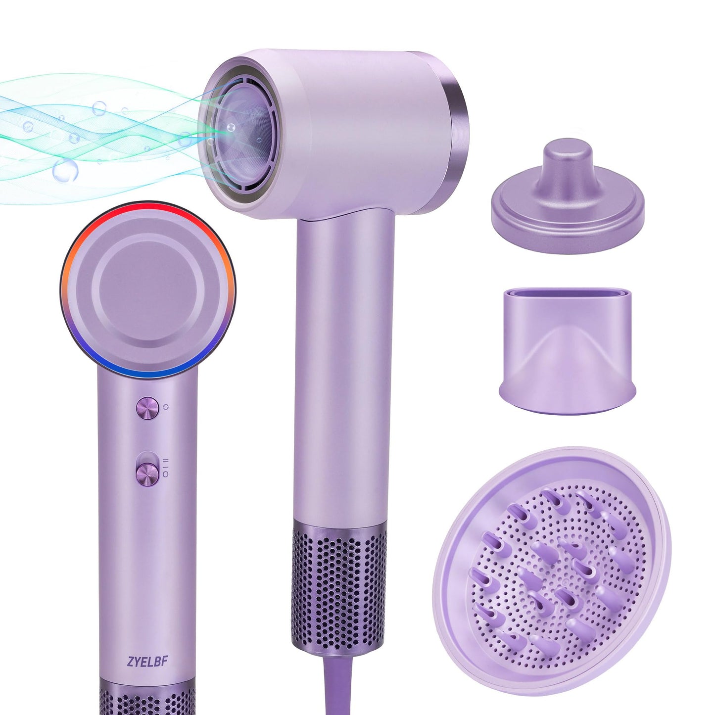 Professional Ionic Hair Dryer, 150000 RPM High-Speed Brushless Motor, Negative Ionic, Thermo Control, with Magnetic Diffuser and Nozzle Gift Box Packaging for Christmas (Purple)