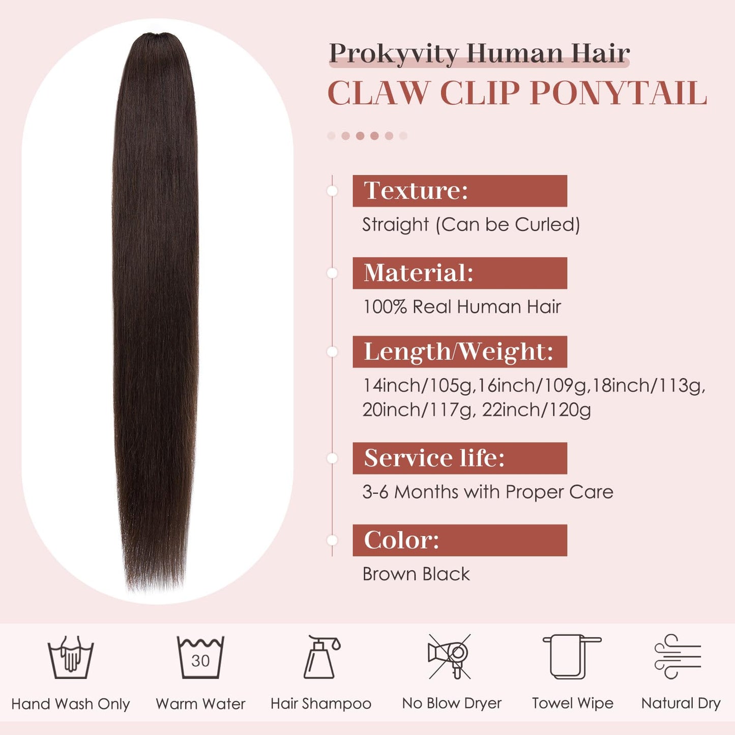 prokyvity Human Hair Claw Clip Ponytail, Claw Clip Human Hair Ponytail,Effortless Application with Secure Hold,Style in Seconds,Quick Styling Solutions for Busy Lives,14"/105g Dark Brown