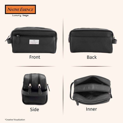 Leather Toiletry Bag, Black Genuine Calf Leather Travel Bag, Handmade DOPP Kit for Travel, Cosmetic Pouch, Luxury Shaving Bag, Bathroom Organizer, Stylish Grooming Kit for Men and Women Gift Packed