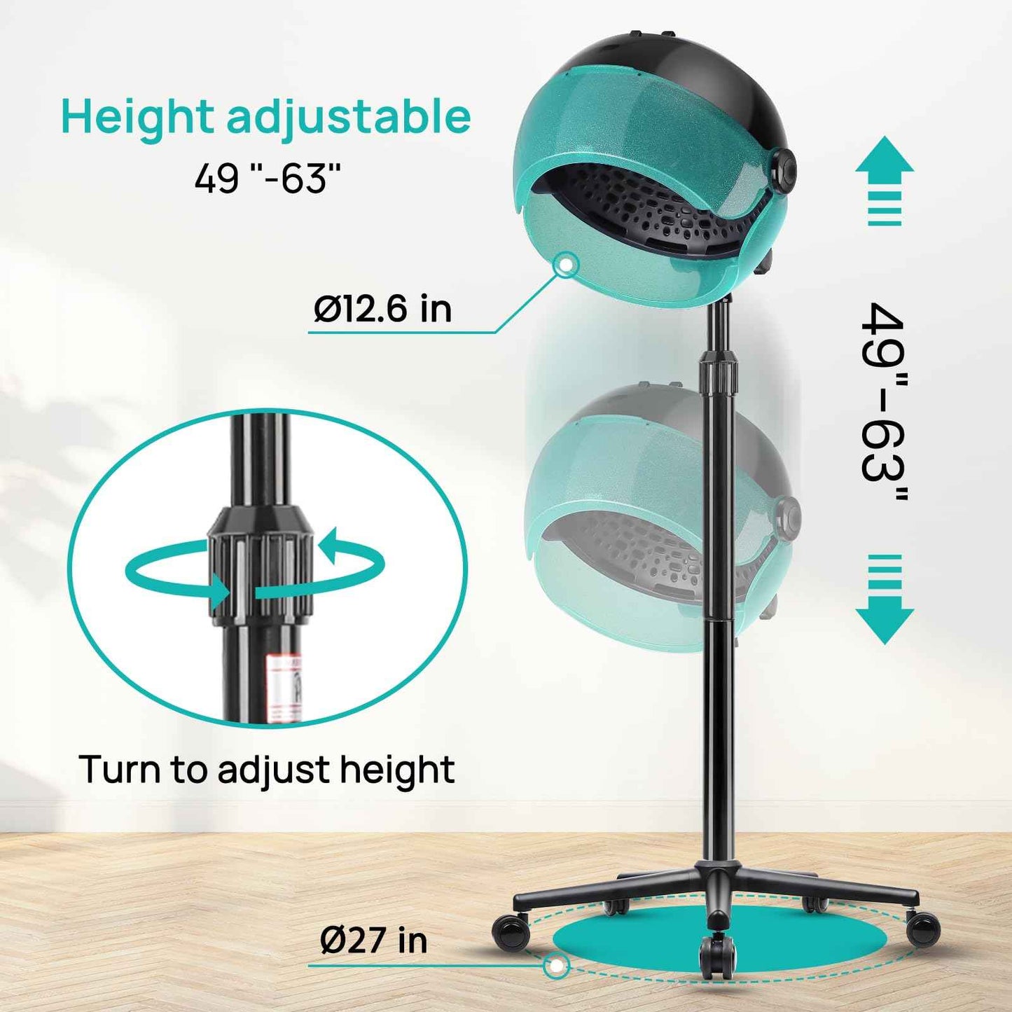 Hooded Hair Dryer, Professional Hood Dryer on Wheels, Standing Hair Dryer with Touch Controls, 3 Settings for Salon and Home Use, 1500W