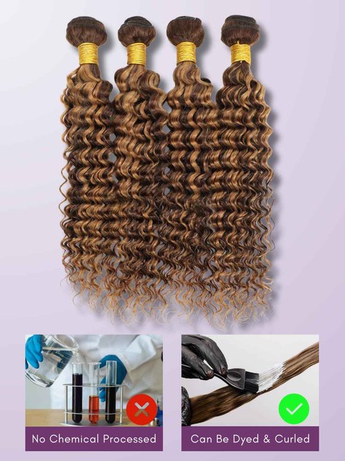 AUROO Honey Blonde Highlight Deep Wave Bundles with Frontal Closure, 12A Thick Tracks Deep Wave 13x4 Ear to Ear Lace frontal and 3 Bundles Virgin Hair 4/27 Ombre Brown Curly Bundles 10 12 14 + 10 Inch