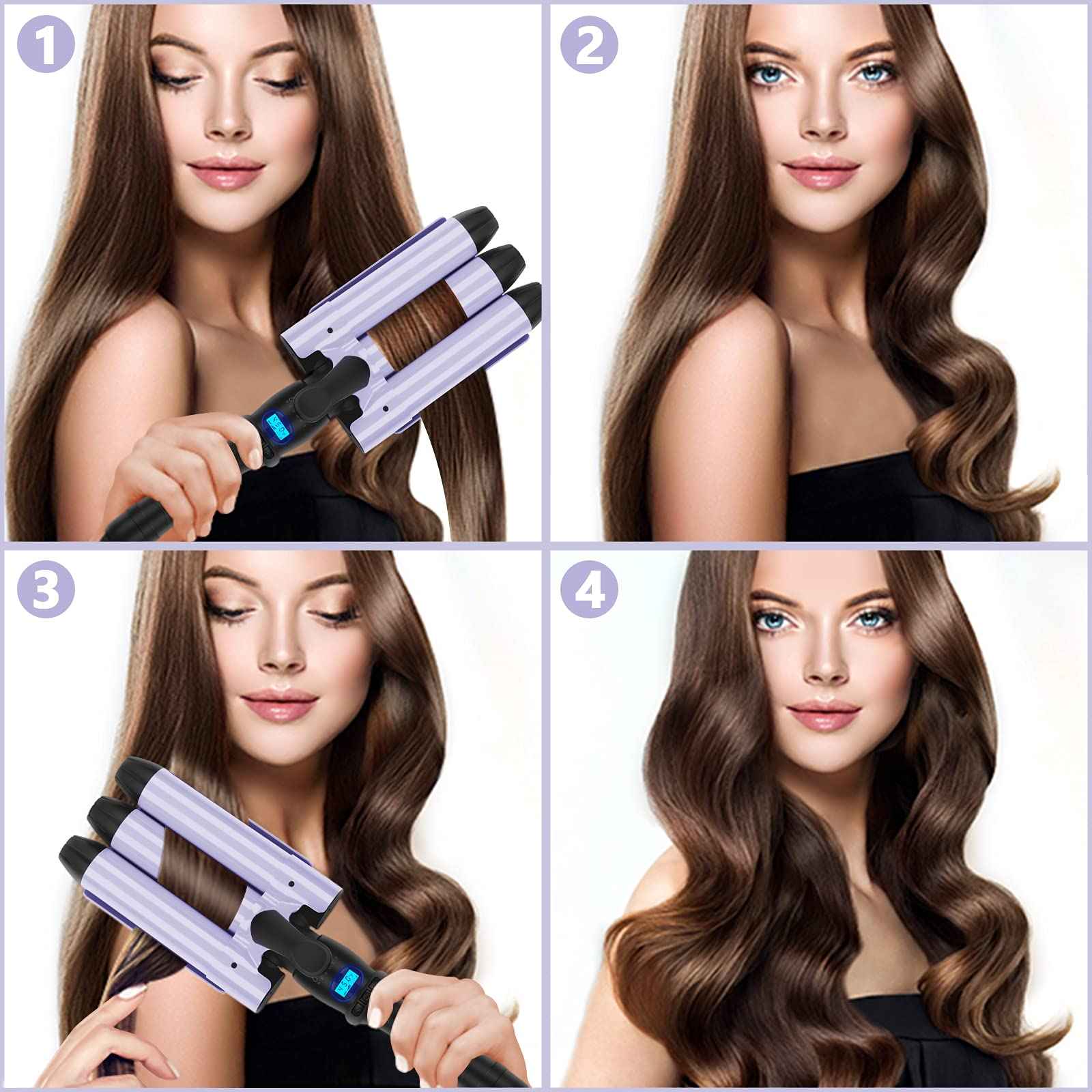 32mm Aima Beauty Big Wave Curling Iron Mermaid Hair Waver 3 Barrel Hair Crimper LCD Display Extra Long Barrel Multiple Temperature Negative Ionic Fast Heat Up (Purple)