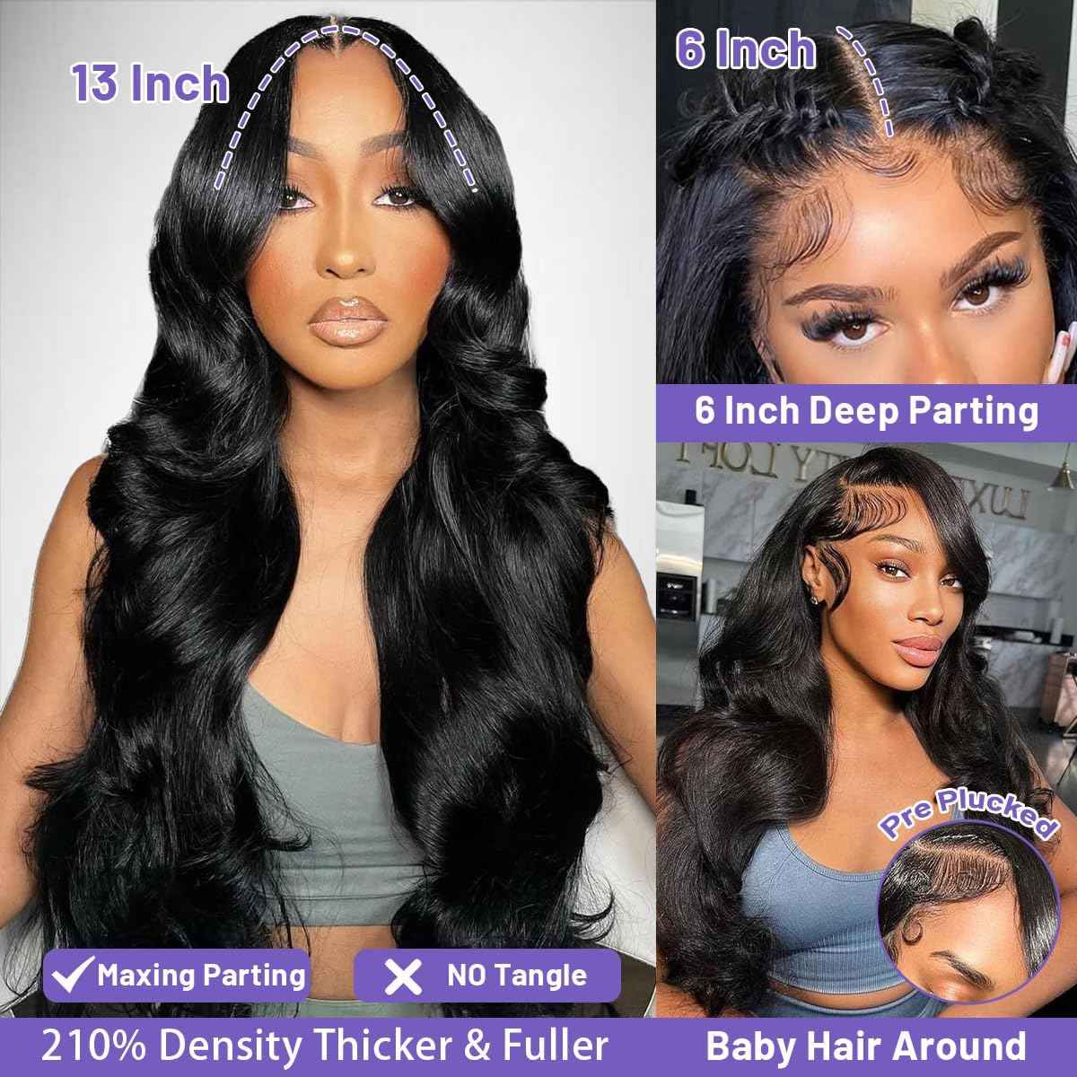 Ghios 13x6 Body Wave Human Hair Wig 210 Density HD Lace Lace Front Wigs Human Hair with Baby Hair Natural Hairline Glueless Natural Black Color 20 Inch