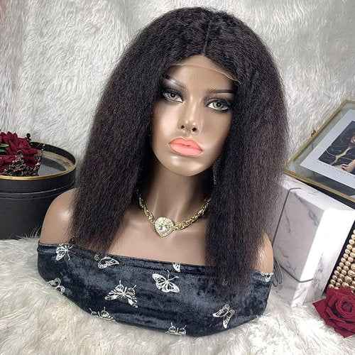BLISSHAIR Yaki Kinky Straight Wigs Human Hair 13x4 Lace Frontal Wig Bob Wigs Human Hair Pre Plucked Density 100% Unprocessed Brazilian Hair Glueless Wigs for Women Natural Color (16Inch)