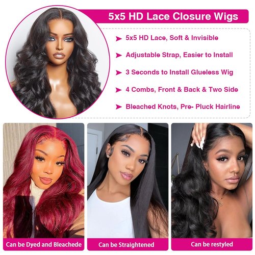 denacfi Glueless Wigs Human Hair Pre Plucked Pre Cut 5x5 Body Wave Lace Closure Wigs Human hair 250 Density Colsure Wigs for Women Ready to Wear Wig 14 Inch