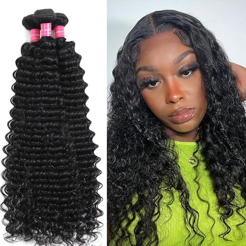 14A Deep Wave Bundles Human Hair 14 16 18 Inch, Full and Silky 100% Unprocessed Brazilian Virgin Human Hair Extensions Natural Black (Deep Wave Bundles, 14 16 18)
