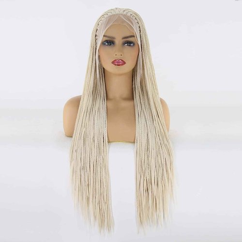 BTWTRY Platinum Blonde Braided Synthetic Lace Front Wigs for Black Women Heat Resistant Fiber Hair Micro Braided Hair Box Braids Wig African American Hair (24inch, #60 Color)