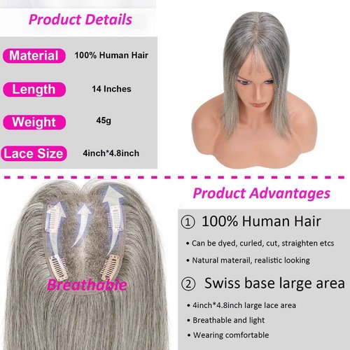 YWGYWG Hair Toppers for Women Real Human Hair, Light Grey 14 Inch 360° Cover Middle Part Topper for Women with Thinning Hair Realistic Scalp Line 4x4.8 Inch Upgrade Basement HairPieces