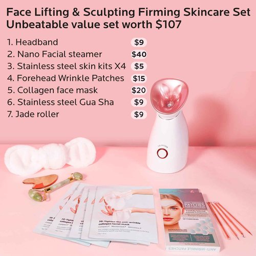 Colorfarm Facial Steamer Skin Care Kit: Face Steamer Home Spa Deep Cleaning Unclogs Pores with 6 Skin Care Tools - Relaxing Self Care Gifts for Women (Face Lifting & Sculpting Firming Skincare Set)