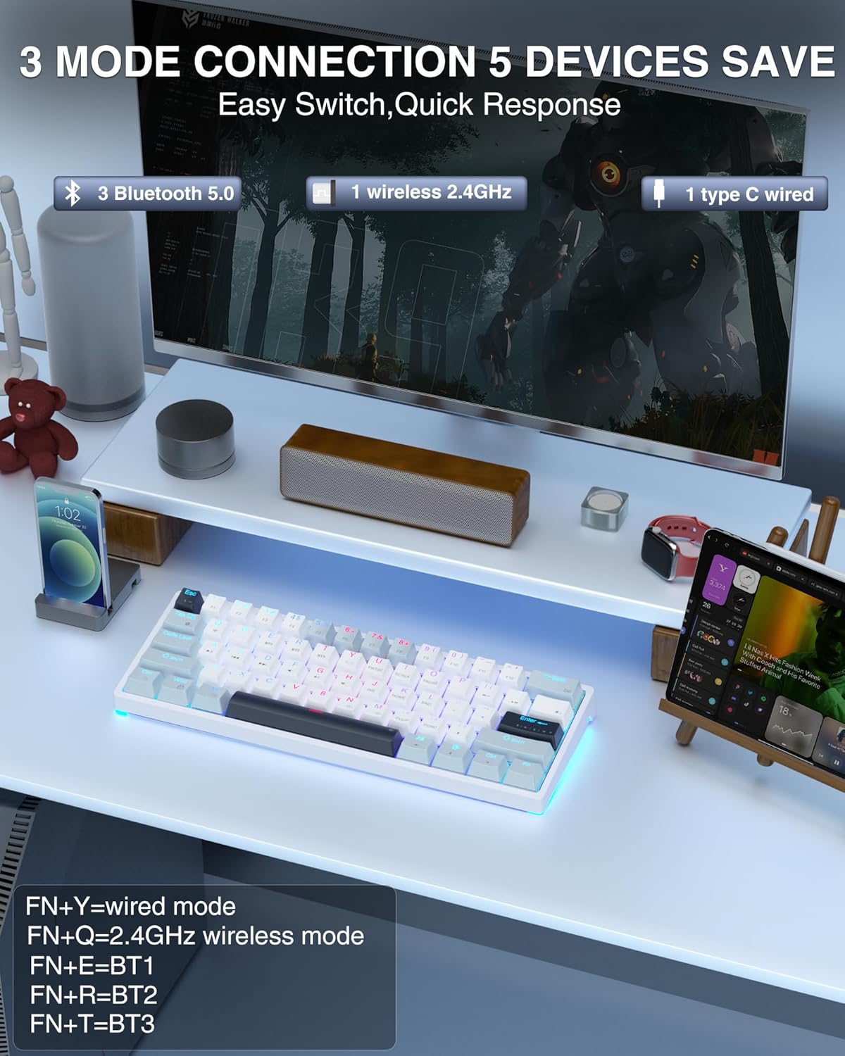 60 Percent Keyboard and tri Mode Wireless Gaming Mouse