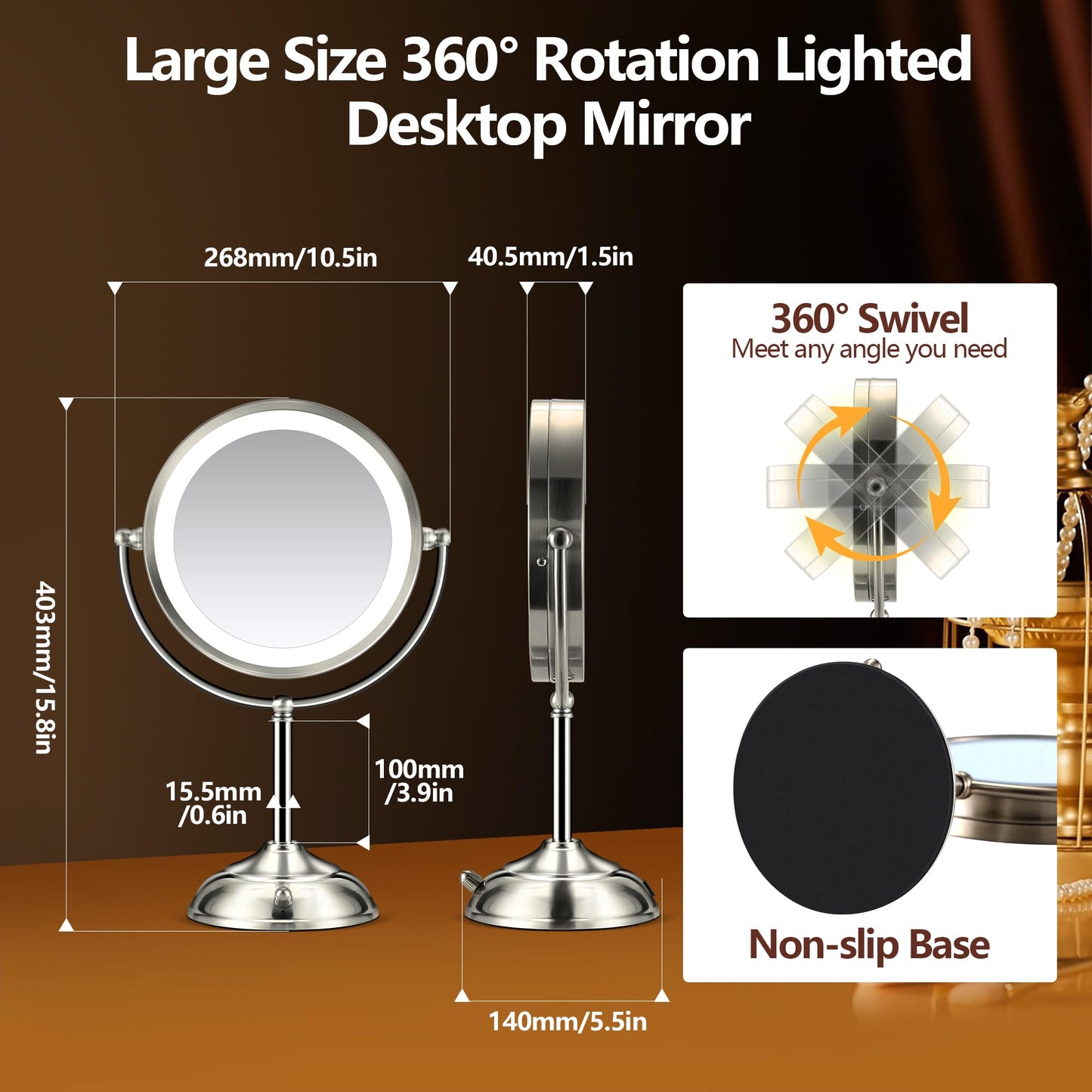 20x Large Lighted Makeup Mirror, Rechargeable 9" Magnifying Makeup Mirror, 30-Minute Timer,3 Color Modes, Adjustable Brightness, No Assembly Required, 360° Rotation Cosmetic Mirror, Pearl Nickel