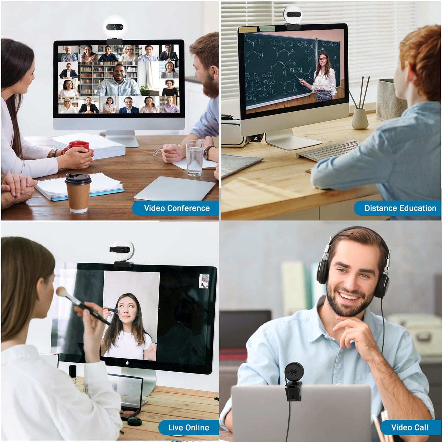 2K Webcam with Light and Tripod, Full HD PC Camera Built-in Privacy Cover, 360° Rotation, Adjustable Brightness, Plug and Play USB Computer Webcam for Meeting, Live Streaming, Video Calls, Gaming