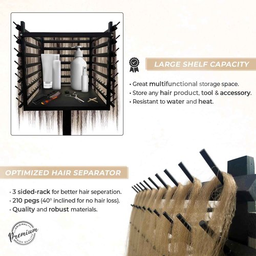 ORA SHOP - Braiding Hair Rack, Hair Extension Holder, Hair Braiding Tools, Hair Product Organizer, Wooden 3-Sided Rack Stand, Large Capacity (210 pegs)