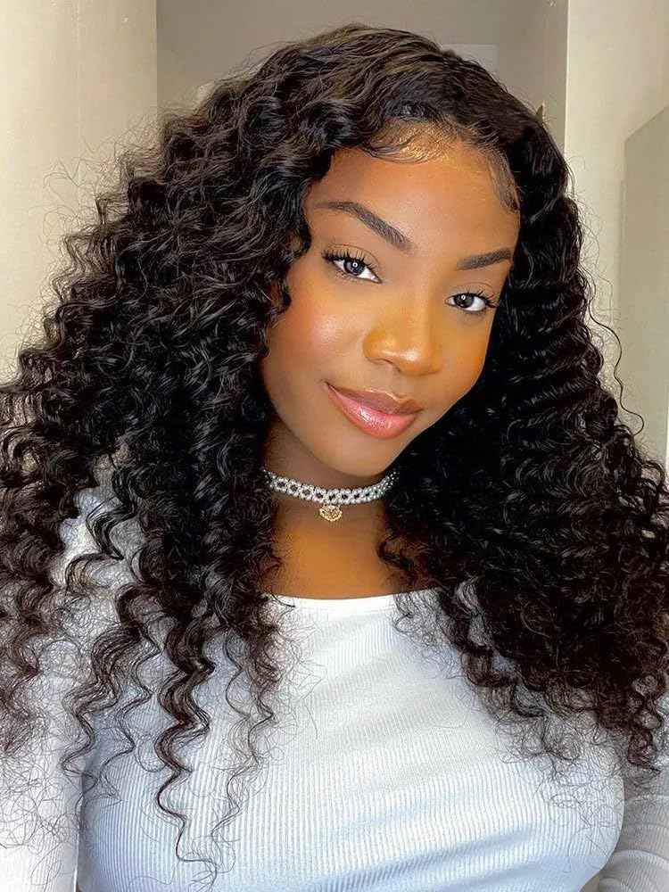 Glimeer Half Wig Human Hair Deep Wave 3 In 1 Drawstring Seamless Filp Over Curly Half Wig 200% Density Wear and Go Glueless Half Wigs for Black Women Natural Color 20 Inch