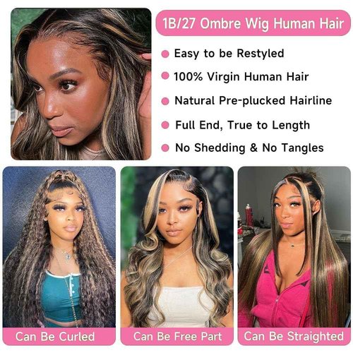 eddfine Ombre Glueless Wigs Human Hair Pre Plucked Pre Cut 5x5 Hd Lace Closure Wigs Human Hair 18 Inch 1B/27 Colored Highlight Body Wave Wigs 250% Density Glueless Wigs for Beginners
