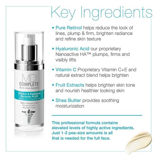 MD Complete Bundle of Wrinkle Radiance Remedy PLUS with Retinol Vitamin C + Total Eye Treatment + 2-in-1 Restoring Cleanser and Makeup Remover 3.0 fl oz | Anti-Aging Skin Rejuvenation Treatment