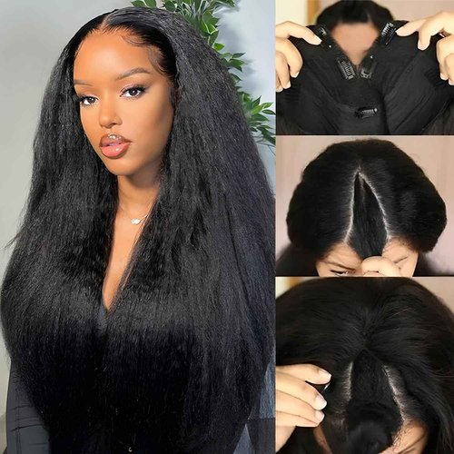 Prtyopp V Part Wig Human Hair Kinky Straight 20 Inch Vpart Human Hair Wig Upgrade U Part Wig Yaki Straight Clip in Half Wigs for Black Women Glueless No Leave Out 180% Density Natural Color