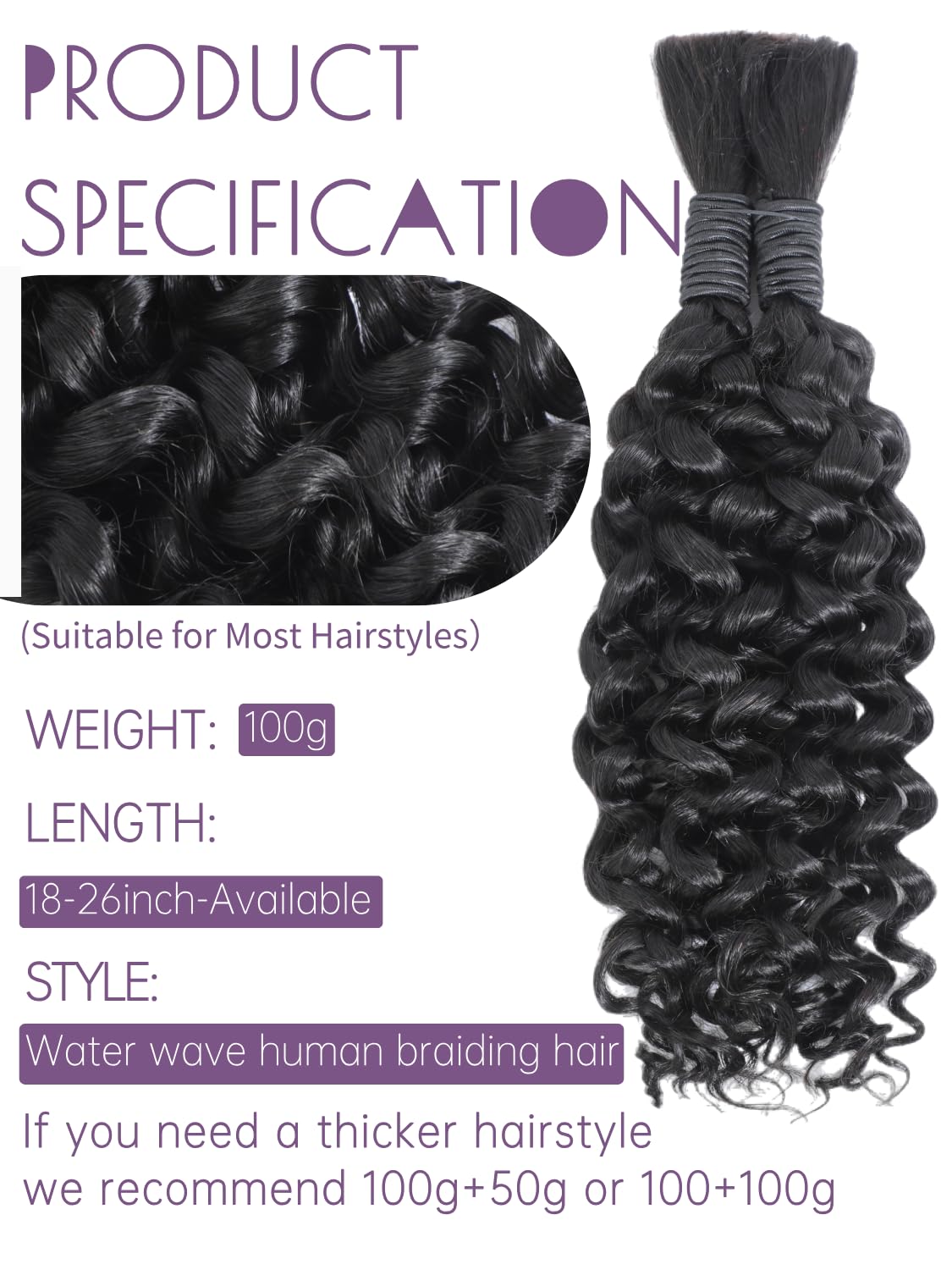 Human Braiding Hair, Boho Braids Human Hair 2 Bundles 100g 24 Inch Water Wave Bulk Human Hair for Braiding No Weft 12A Brazilian Virgin Curly Human Hair Extensions for Wet and Wavy Braiding Hair