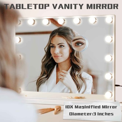 COOLJEEN Vanity Mirror with Lights and Bluetooth, Hollywood Makeup Mirror with 15 Dimmable LED Bulbs and USB Charging, 3 Color Modes Lighted Vanity Mirror, Tabletop/Wall-Mount (Shatterproof Glass)