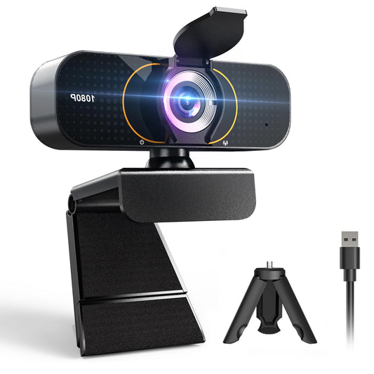 1080P HD Webcam with Microphone, Wide-Angle Lens, Auto Light Correction, Plug Play USB Web Cam with Tripod, Stand, External Camera for Laptop, Desktop Computer, PC, Mac, Zoom, Skype, Streaming, Gaming