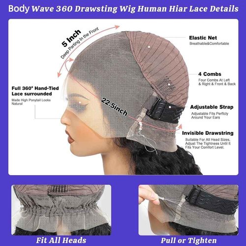 Uonoco Hidden Strap 360 Lace Front Wigs Human Hair Body Wave Invisible Drawstring HD Lace Front Wigs Human Hair Pre Plucked With Natural Hairline 360 Frontal Glueless Wigs for Women 180 Density